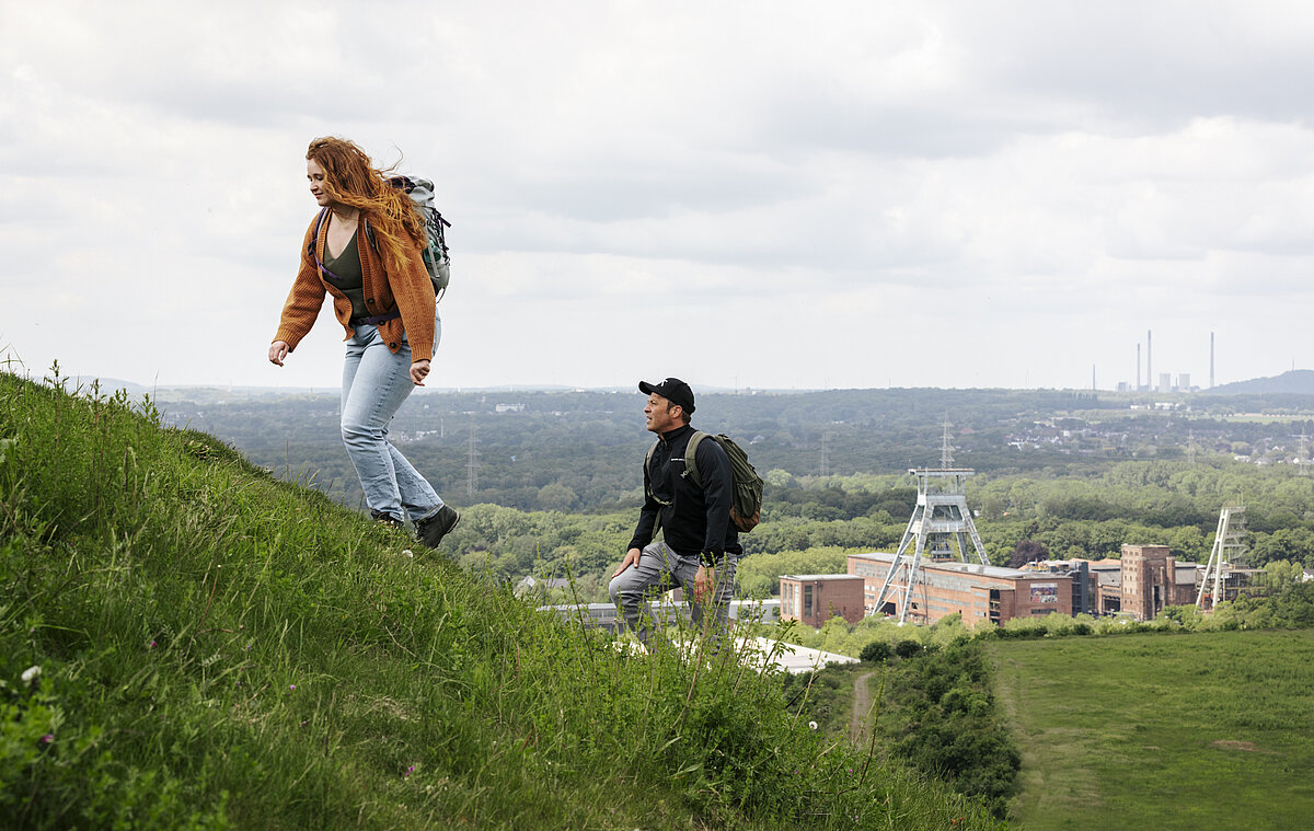 Zwei Wanderer steigen zum Topplateau der Halde Hoheward auf. Im Hintergrund ist die Zeche Ewald zu sehen.
