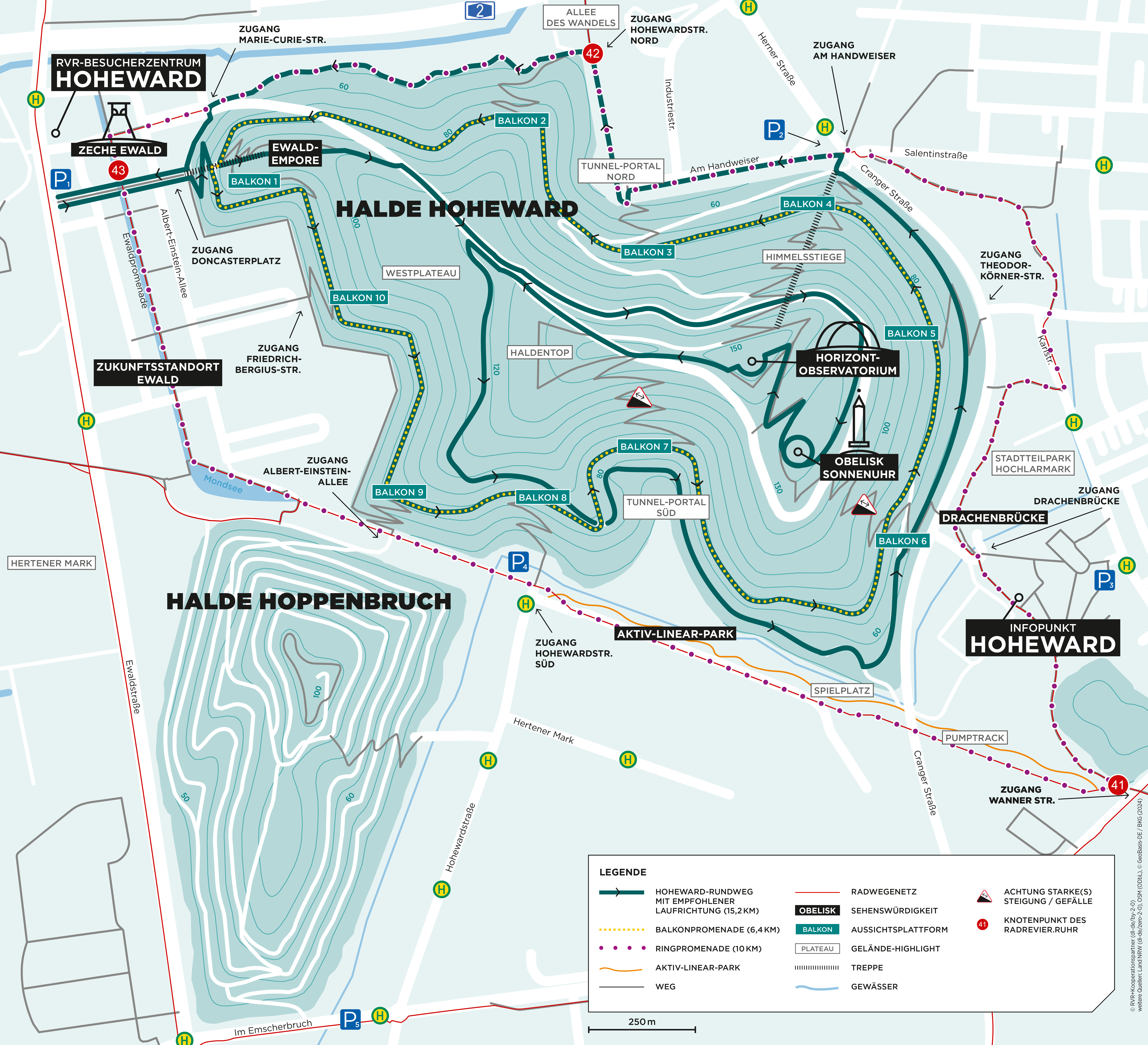 Übersichtskarte Landschaftspark Hoheward Eine Übersichtskarte des Landschaftspark Hoheward mit der Halde Hoheward, Halde Hoppenbruch sowie dem Besucherzentrum Hoheward auf dem Zechengelände Ewald inklusive des Rundwegs auf der Halde