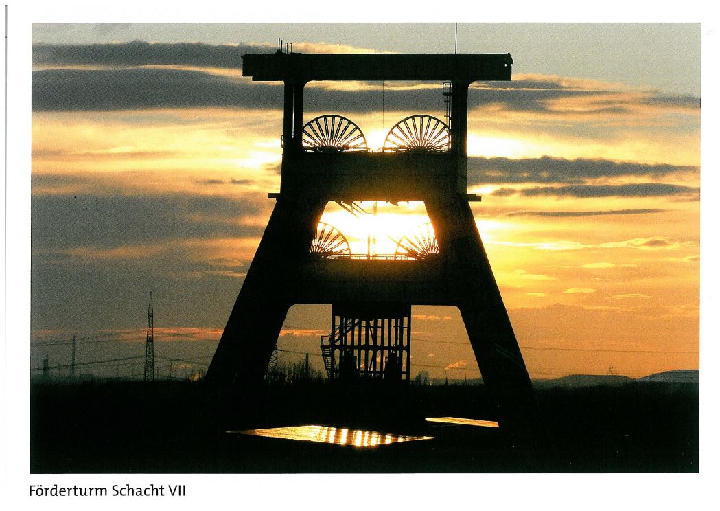 Postkarte "Zeche Ewald, Schacht VII, Sonnenuntergang"